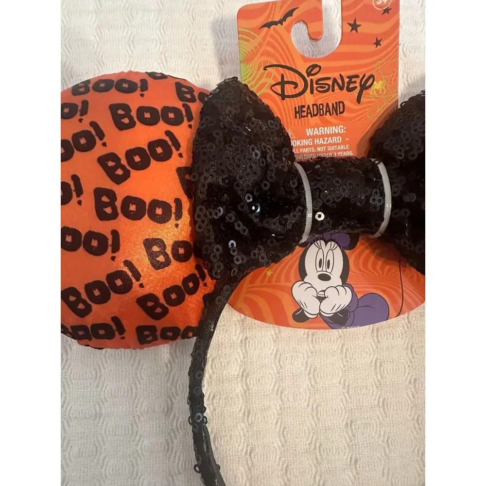 NWT Disney Minnie Mouse Boo! Halloween Orange Black Sequin Glow-in-the-Dark Ears